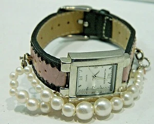 Reloj cuadrado vintage Hillard and Hanson/rosa correa de cuero negro - Imagen 1 de 6