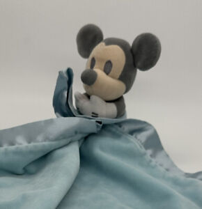 Disney Store Baby Mickey Mouse Blue Gray Security Blanket Plush Lovey Satin Trim
