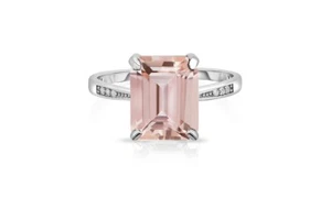 4.00 CTTW Lab Created Morganite Emerald Cut Sterling Silver Ring Sizes 6 - 9 - Picture 1 of 4