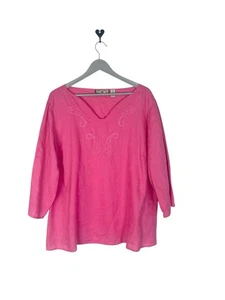 Blusa túnica Caribbean Joe 100 % lino bordada cuello en V playera 2X rosa con cuentas - Imagen 1 de 8