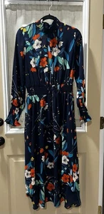 Nanette Lepore Navy Floral High-Low Smocked Maxi Dress Ruffle Long Sleeve Size 8 - Picture 1 of 5