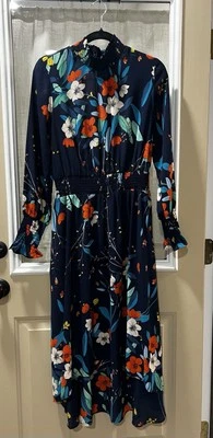 Nanette Lepore Navy Floral High-Low Smocked Maxi Dress Ruffle Long Sleeve Size 8 - Image 1 of 4