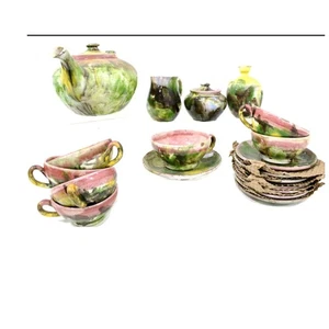 Wieldonware Style Pastel Tie Dye Pink Green Yellow Handmade Pottery Tea Service  - Picture 1 of 12
