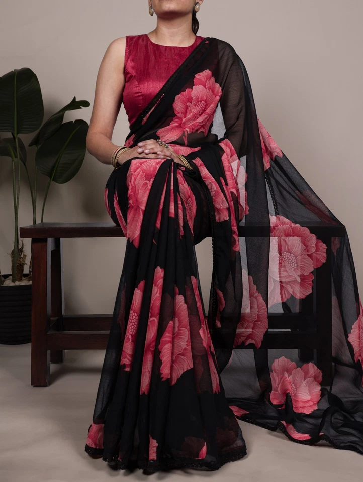 Wedding Wear New Heavy Chiffon Saree With Blouse For Women - Image 1 of 1