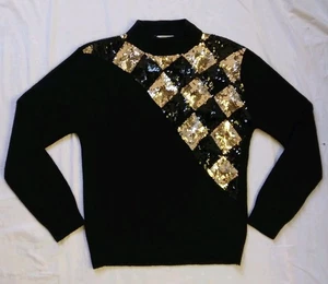 Vintage Pappagallo Gold Sequin Black Sweater Silk Blend Women's Size M - Picture 1 of 14