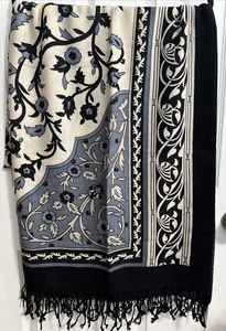 DANA XU 100% Pure Merino Wool Pashmina Shawl Large  / 96" x 43" Black Ivory Blue - Picture 1 of 7
