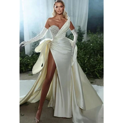 Sexy Side Slit Wedding Dresses Beaded Strapless Ruched Beaded Satin Bride Gowns - Image 1 of 4