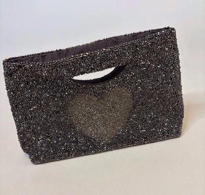 Bolso sin asas vintage Moyna corazón con cuentas a mano gris peltre bolso de noche fiesta Y2K Foto 1 de 4