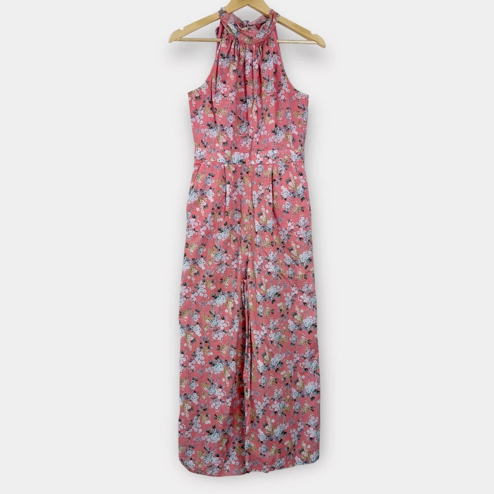 J Crew Liberty Josephine Floral Halter Neck Cropped Jumpsuit Size 4 Coral Pink - Image 1 of 4