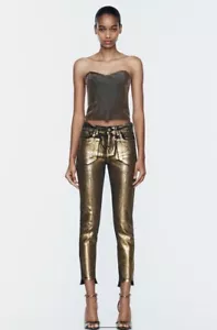 PANTALONE JEANS ZARA NUOVO DONNA Z1975 SKINNY VITA MEDIA FOIL SFILACCIATO NERO ORO 1934/025 - Foto 1 di 9