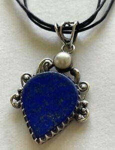 New Sterling Silver (925) Lapis Lazuli and Pearl pendant Necklace on Cord
