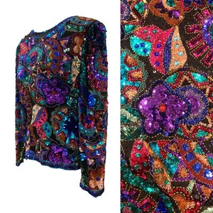 Vtg Vintage 1980s 80s Designer Oleg Cassini Heavily Beaded and Sequin Black Top - Picture 1 of 5