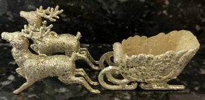Vintage Miniature Gold Glitter Plastic Sleigh And 2 Reindeer Christmas Decor - Picture 1 of 8