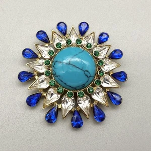 Brooch Gold Tone Pin With A Variety of Crystals and Faux Turquoise Center 2.5" - Picture 1 of 6