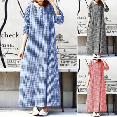 ZANZEA UK Women Long Sleeve Check Casual Loose Kaftan Abaya Gown Long Maxi Dress - Image 1 of 4