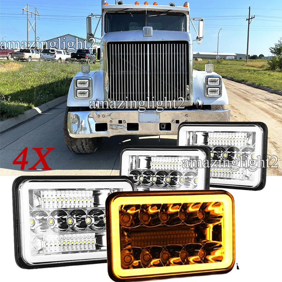 4pcs Fit International Harvester 9300 1988-2000 4x6inch LED Headlights HI/LO DRL - Image 1 of 4