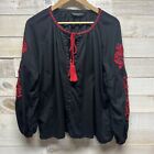 Zara Womens Embroidered Tassel Top Red Black Long Sleeve Floral Size Medium