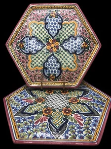 Set Of 2 Hand-Painted Talavera Charger Plates 12" Intricate Floral Design Hexago - Picture 1 of 14
