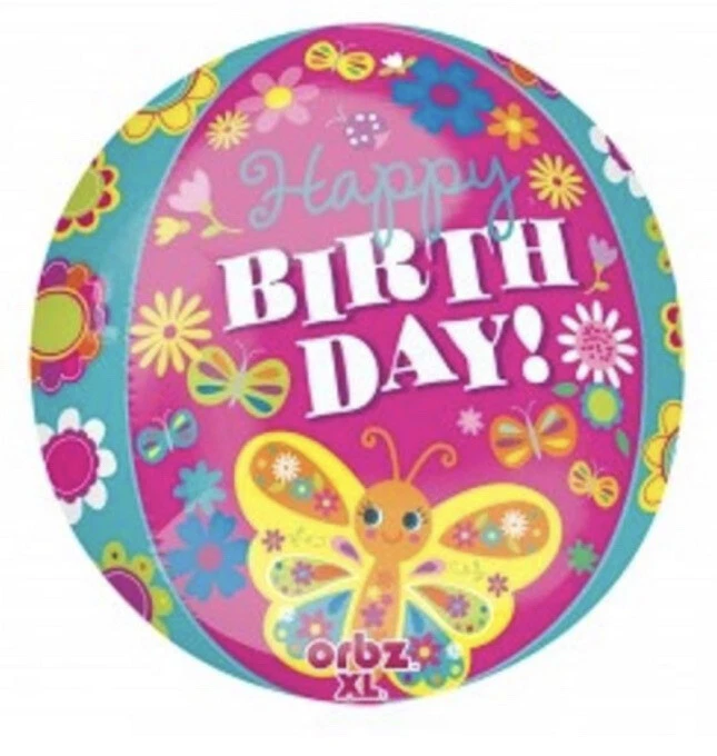Orbz Xtra grande. NIÑAS FELIZ CUMPLEAÑOS. Globo redondo Pretty Butterfly. 38cmx40cm Foto 1 de 1