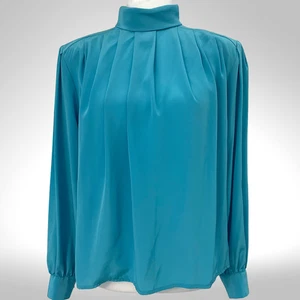 VTG Aqua Satin Blouse 80s Mock Neck Pleated Petites Minimalist Chic - Picture 1 of 16