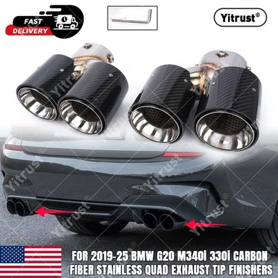 FOR 2019-25 BMW G20 M340i 330i CARBON FIBER STAINLESS QUAD EXHAUST TIP FINISHERS Foto 1 de 4