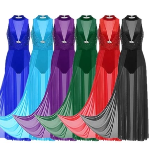 Womens Lyrical Dance Costume Sequins Halter Sleeveless Long Flowy Maxi Dress - Picture 1 of 75