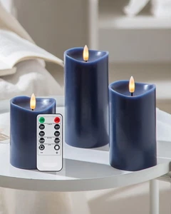 Navy Blue Flameless Candles with Remote and Timer, Real Wax Made LED Pillar C... - Picture 1 of 9