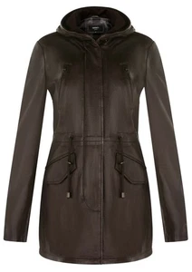 Chaqueta parka de cuero marrón para mujer gabardina con capucha multibolsillo - Imagen 1 de 7