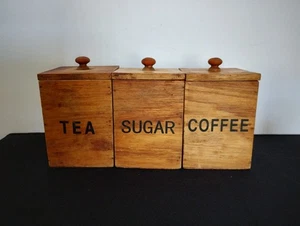 Vintage Rustic Farmhouse Kitchen Wood Canisters Tea Coffee Sugar Storage - Picture 1 of 7