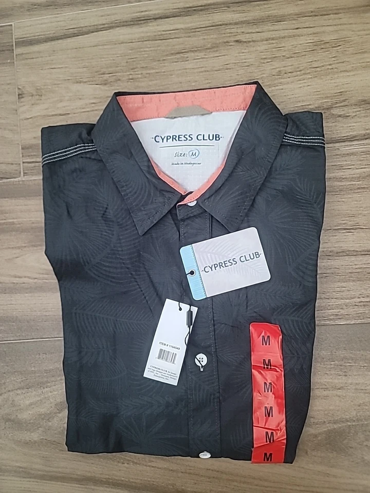 Cypress Club Men’s Short Sleeve Woven Shirt Charcoal Bamboo Leaf Size M