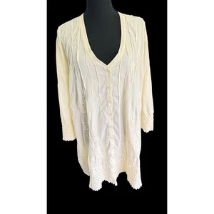 Embroidered Bohemian Tunic Top Crochet Trim Button Down Cream Size L - Picture 1 of 7