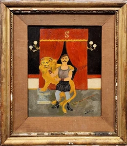 Fernand Boilauges -Il domatore di leoni e il leone - Dipinto ad olio anni '50 - Foto 1 di 8