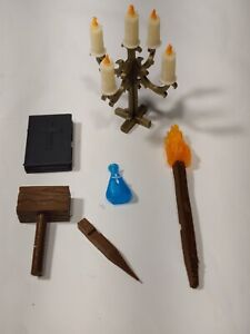 Mego Monster Accessory Set A: Candelabra,Holy Water,Stake/Mallet, Bible, Torch