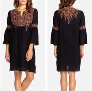 Johnny Was Workshop Megan Flare Tunic Dress •XS• Embroidered Black Brown Boho - Picture 1 of 13