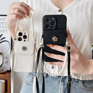 For Xiaomi Redmi Crossbody Card Wallet Case Pearl Strap Phone Cover Women Girls - Picture 1 of 15