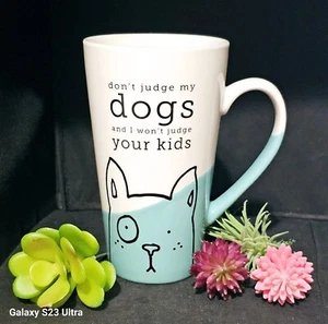New CLAY ART white & blue Fun Dog Lover Dogs & kids Tall Ceramic Coffee Mug - Picture 1 of 7