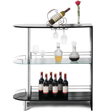 Modern Kitchen Bar Table Wine Storage Unit Tempered Glass Shelf Glossy Black