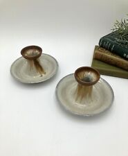 Pigeon Forge Pottery Beige/Blue Iridescent Glaze Candle Holders Signed A. Huskey
