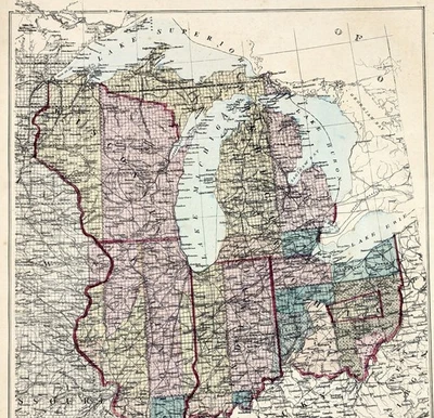 Карта 1875 МИЧИГАН ВИСКОНСИН ОГАЙО ИНДИЯ ИЛЛИНОЙС - ОРИГИНАЛ (17x12) - Изображение 1 из 3