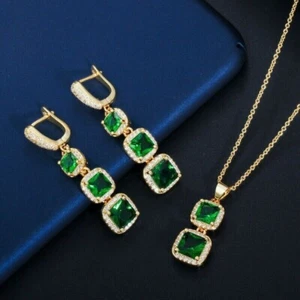8Ct Princess Simulated Green Emerald Women's Jewelry Set 14K Yellow Gold Plated - Picture 1 of 8