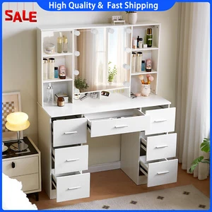 White Dressing Table Vanity Makeup Desk Set with LED Light Mirror and 7 Drawers - Picture 1 of 8