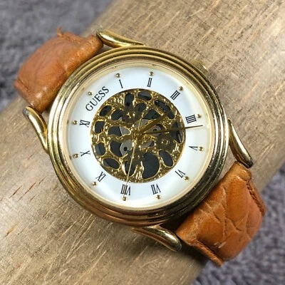 Vintage 1992 Guess Women Dress Skeleton Dial 33mm Leather Quartz Analog Watch 7" - Image 1 of 4