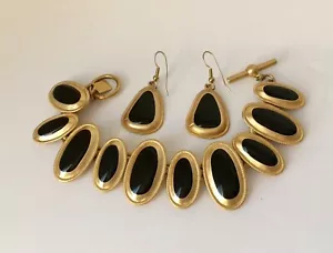 Vintage 80’s Ann Klein Bright Gold Tone Black Enamel Bracelet & Earring Set - Picture 1 of 24