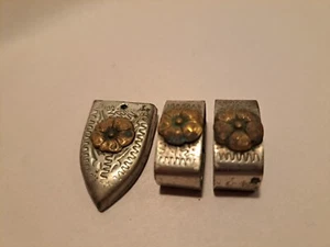 Silver Engraved 2 Belt Keepers 1 Belt Tip Brass Flowers Great Vintage - Picture 1 of 5
