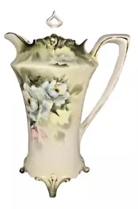 Antique Victorian RS Prussia Fine Porcelain Teapot Chocolate Pot Roses W/Gold EX - Picture 1 of 9