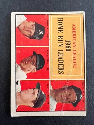 1961 Topps AL Home Run Leaders #44, arrugado, espalda marcada, manto Maris Colavito Foto 1 de 2