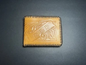 RLB Tan Brown Embossed Floral Genuine Cowhide Leather Men's Bi-Fold Wallet - Picture 1 of 5