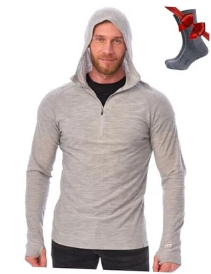  100%美利奴羊毛连帽衫男式-修身美利奴羊毛中号190希瑟灰色 — 第 1/4 张图片