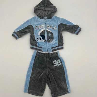 Miniwear Baby Boys Football 2-Piece Velour Outfit Hoodie & Pants 0-3M Gray Blue - Image 1 of 4