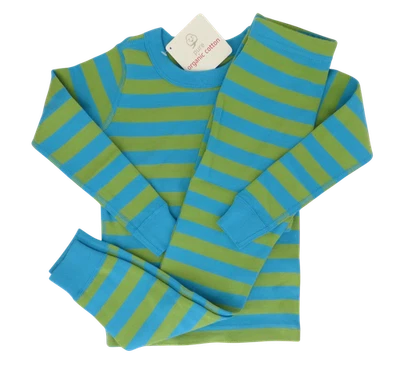 New NWT Hanna Andersson Organic Cotton Apple Green Aqua Blue Long Johns PJs 100 - Image 1 of 4